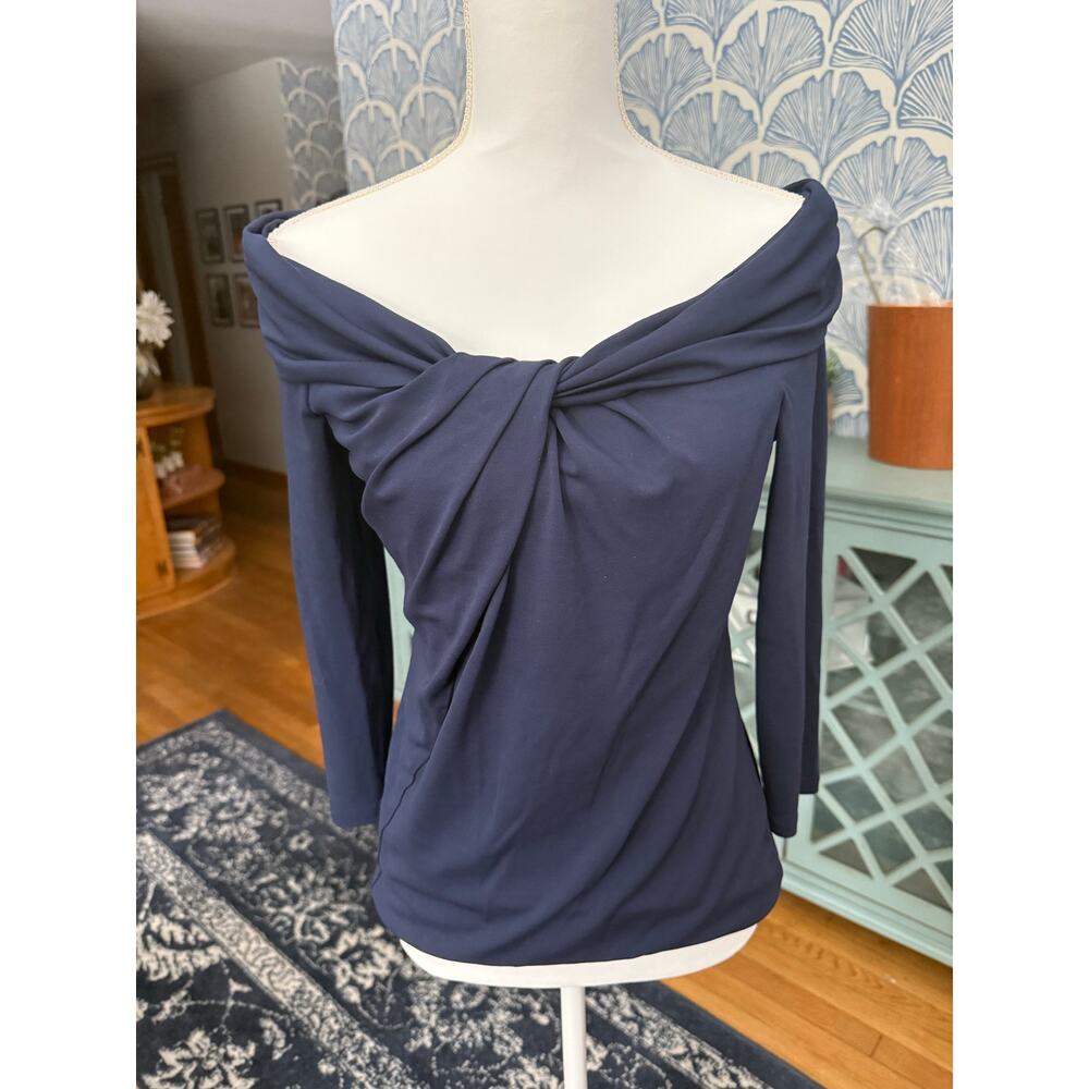 Michael Kors Collection Off The Shoulder Twist Front Stretch Jersey Top Navy